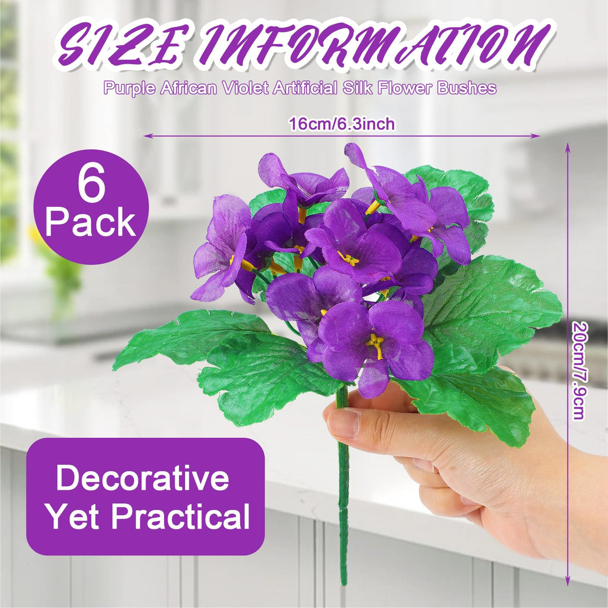 Suncalla 6 Pack Purple African Violet Artificial Silk Flower Bushes Individual Artificial Violet Flowers Houseplant(Purple)