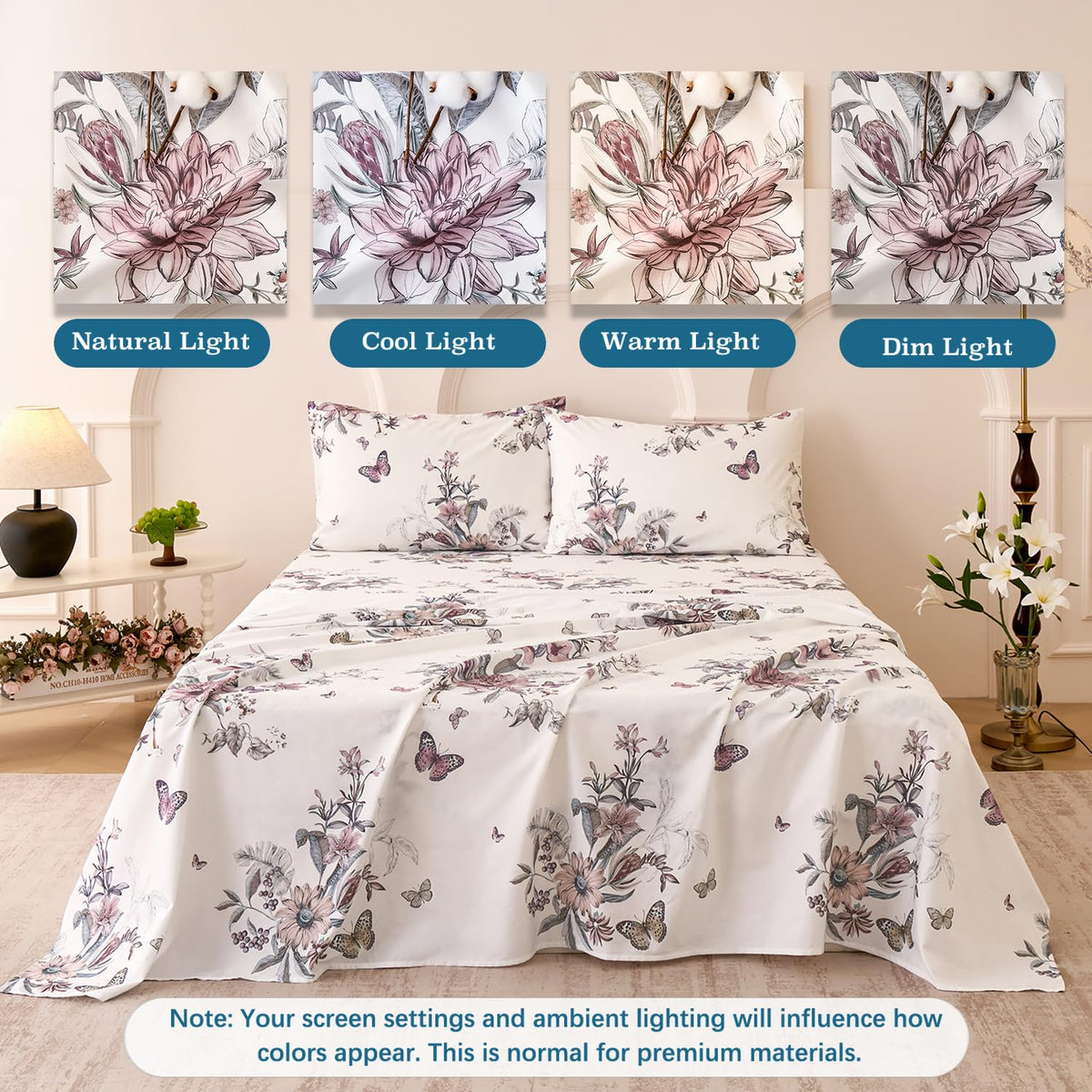 Huborise King Size Sheet Set Dusty Rose Floral Bed Sheets 100% Cotton 4Pcs, Light Pink Flower & Butterfly Printed Bed Set with Deep Pocket 17.5", Soft Breathable & Crisp, Luxury French Country Style