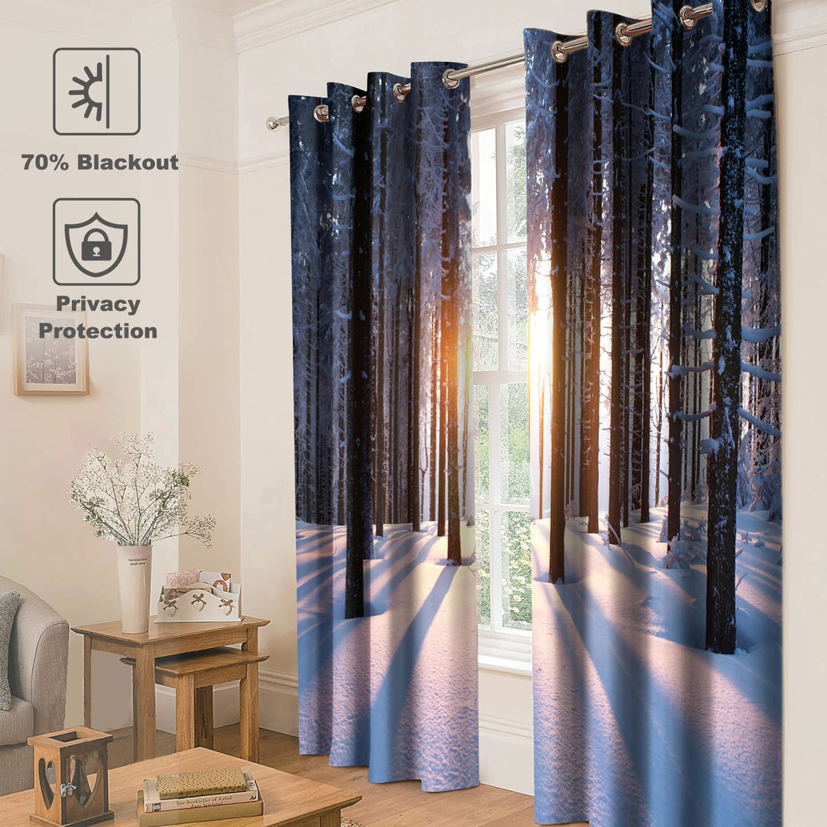 Jekeno Forest Woodland Blackout Curtains Winter Snowy Trees in The Cold Weather Sunset Landscape Nature Scenery Decor for Bedroom Living Room Grommet Window Drapes 2 Panel Set, 52"x84"