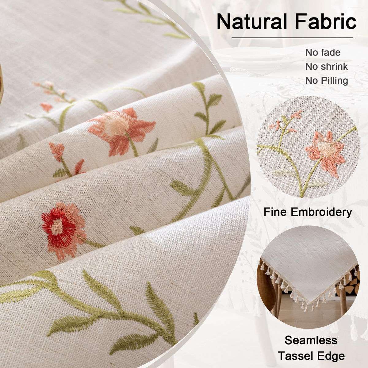 Joyfol Day Linen Spring Flowers Tablecloth with Tassels, Rustic Farmhouse Embroidery Waterproof Table Cloths for Square Tables, Heavy Weight Spill-Proof Table Covers, Pink Florals, 55''x 55''