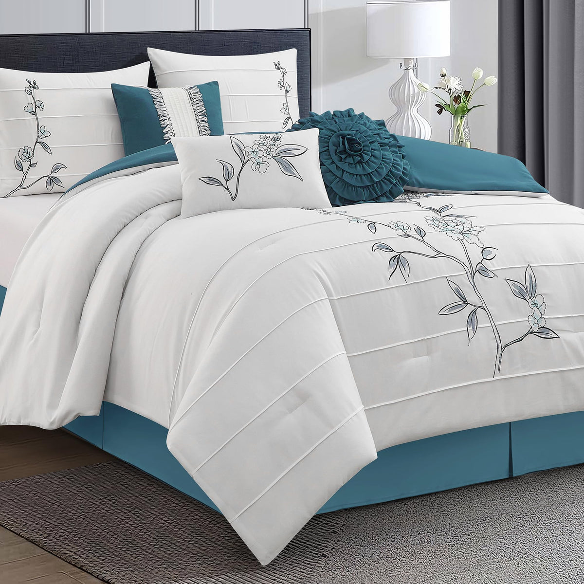 LANCO MODERN LIFESTYLE 7 Piece California King Comforter Set, Blue White, Floral Embroidery, Microfiber Pleating Bedding Set for All Seasons with Comforter, Bed Skirt, Pillow Shams and Decor Pillows