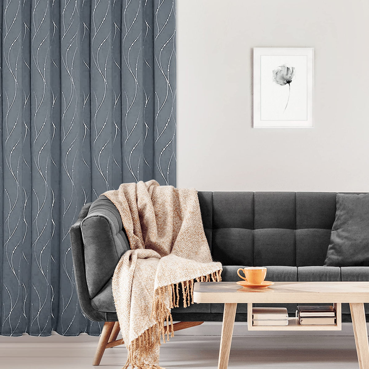 BUHUA Blackout Curtains for Bedroom 2 Panels Set, Grommet Thermal Insulated Room Darkening Window Curtains & Drapes with Wave Line and Dots Printed for Living Room, 38W x 84L Inch, Light Grey