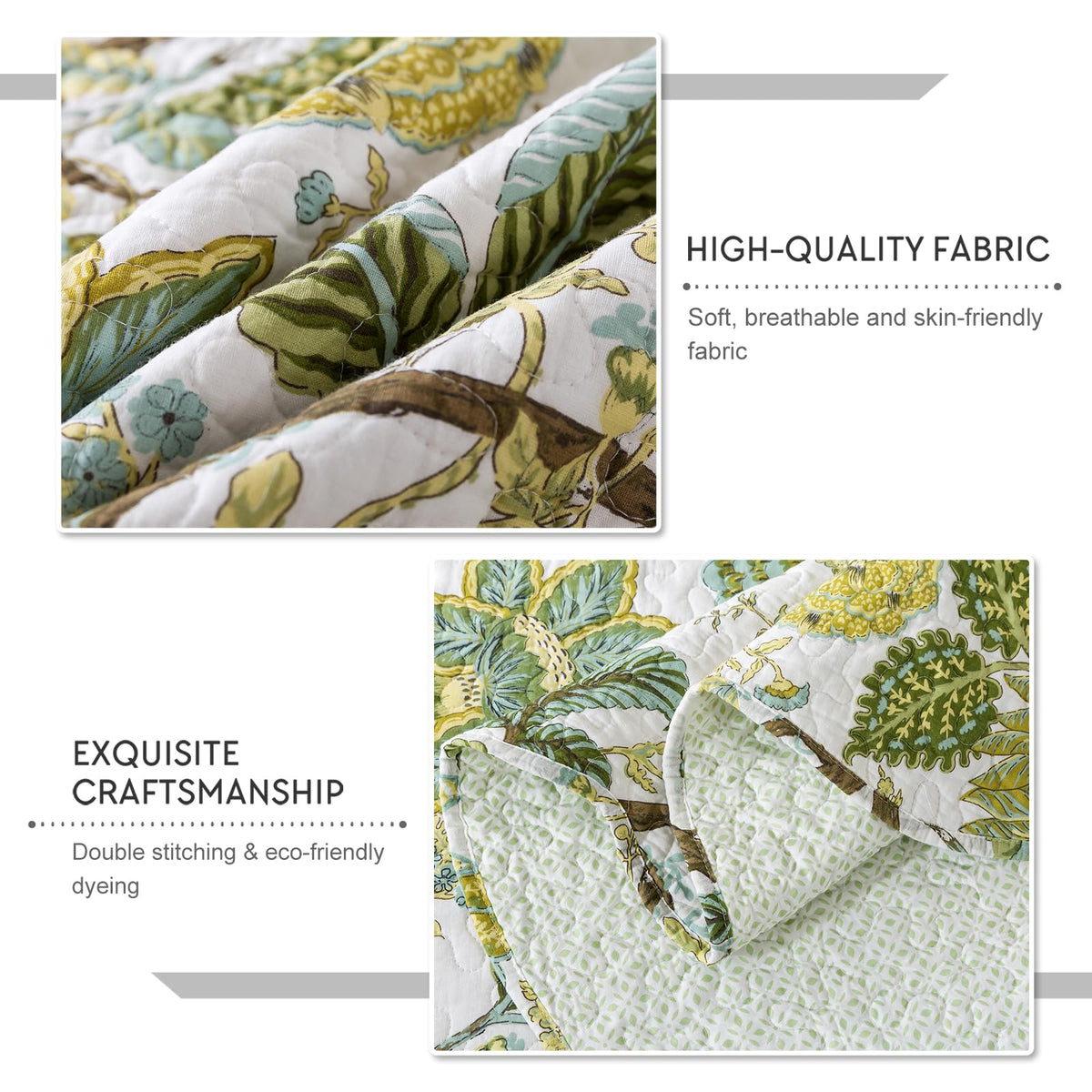 Travan 3-Piece Quilt Set Quilted Bedspread Cotton Coverlet Set Floral Oversized Quilted Bedding Set for All Season, White Vine, Queen Size