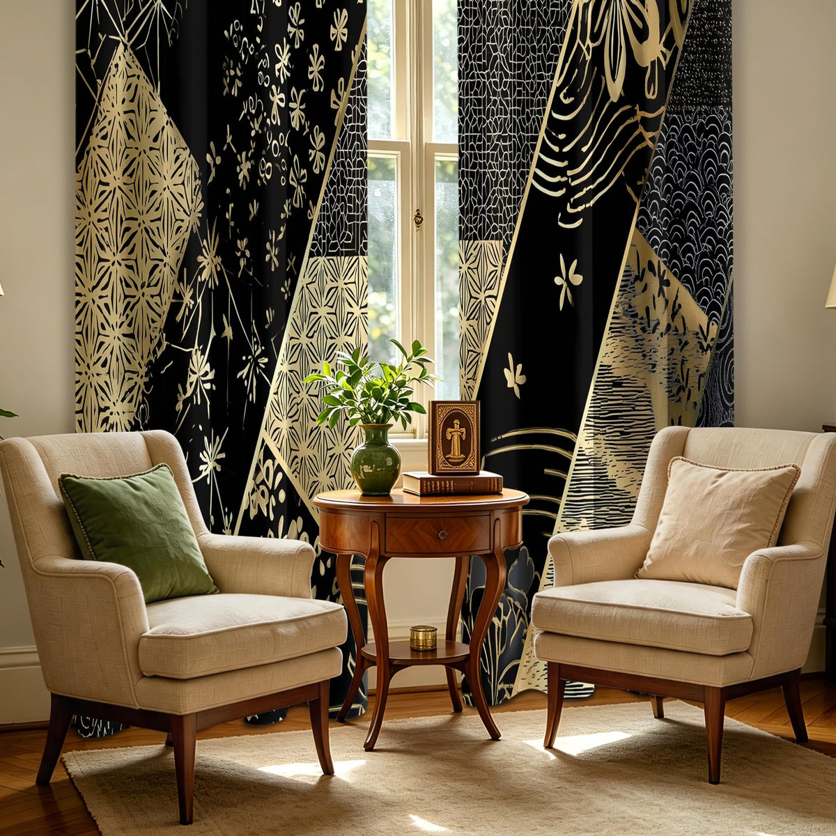 Solvivae Black Gold Black Out Curtains 63 Inch Long, Floral Boho Curtains for Bedroom Living Room, Room Darkening Thermal Insulated Grommet Drapes, Patterned Window Treatments