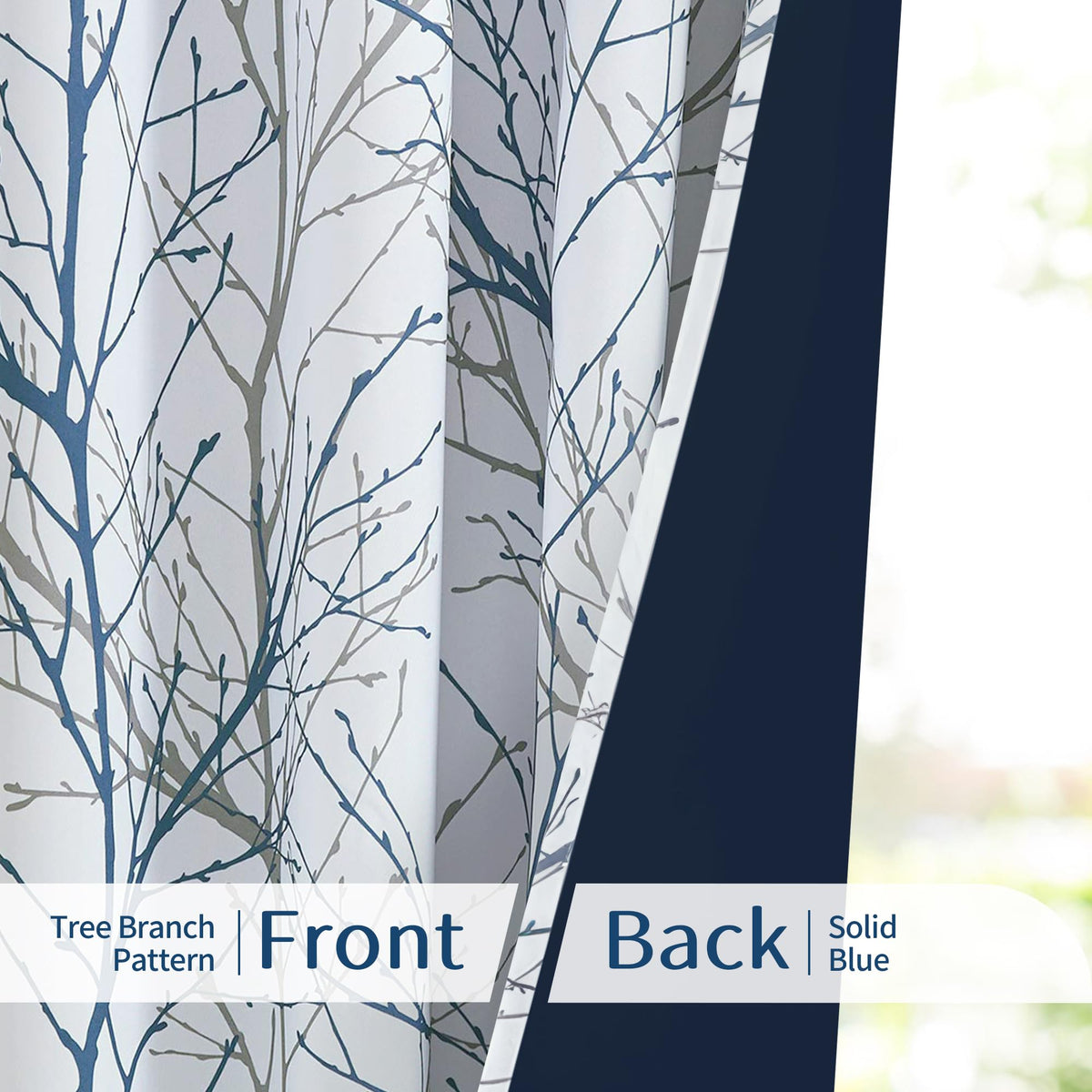 FMFUNCTEX 100% Blackout Curtains for Bedroom, Blue White Tree Branch Curtains 54 Inches Long for Living Room, Short Thermal Insulated Window Drapes for Basement, Small Windows 2 Panels Grommet Top
