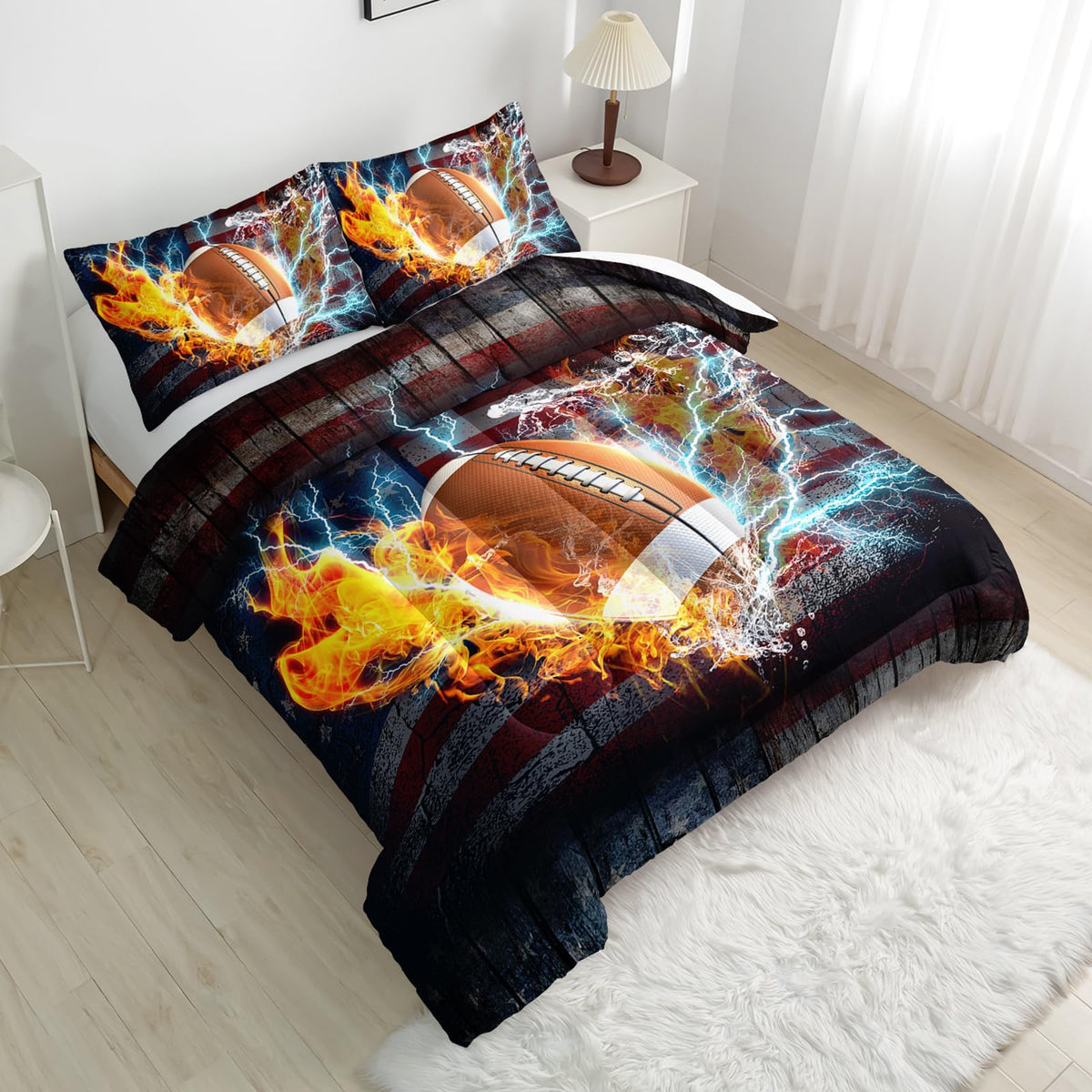 Nttopship Football Comforter Sets Twin Size, Bedding Sets for Kids,US Flag and Fire Football Comforter Sets All Season 1 Comforter and 2 Pillowcases