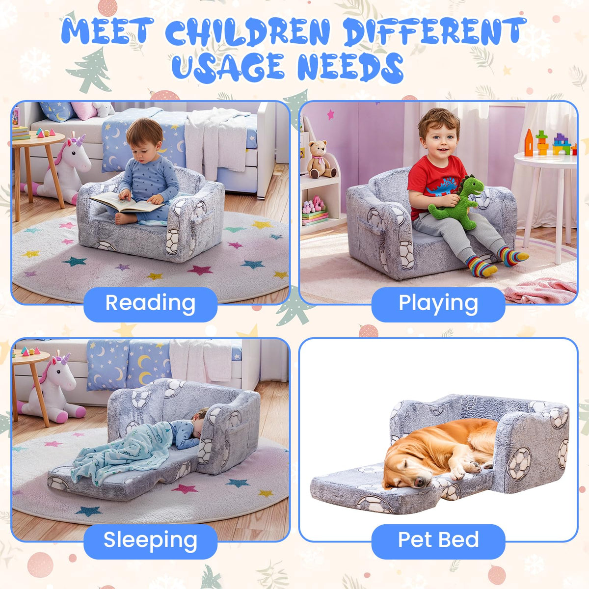 Lamerge 2-in-1 Toddler Couch,Glow in The Dark Baby Floor Bed,Foldable Toddler Chair Kids Sofa for playroom,Convertible Sofa to Lounger for Girls and Boys (Grey and Football)