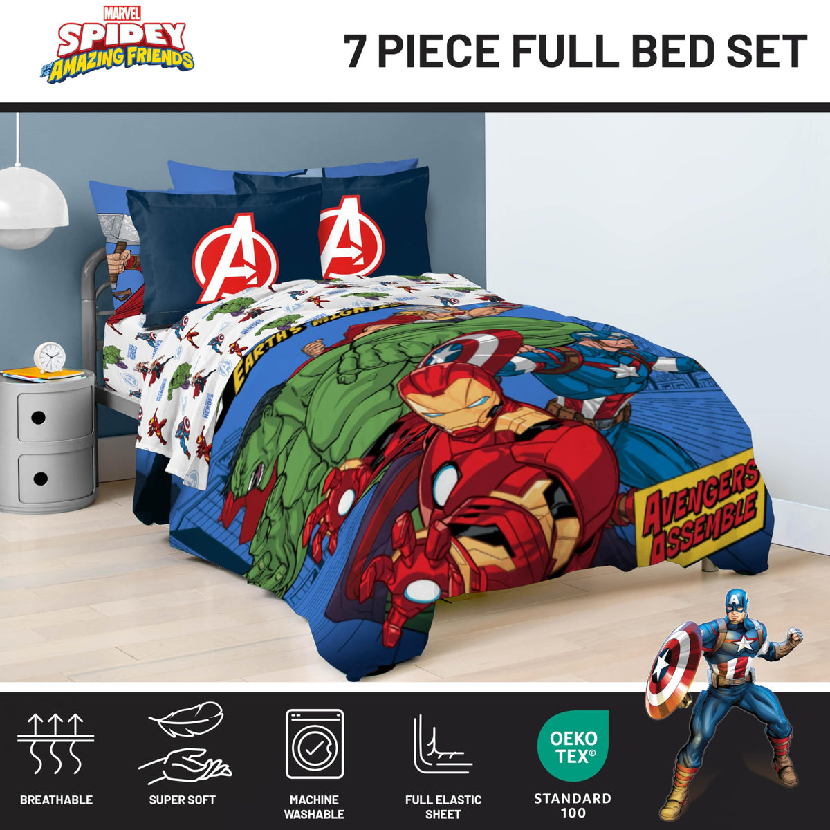 Jay Franco Kids Bed Set, Blue, Avengers, 7 Piece Full