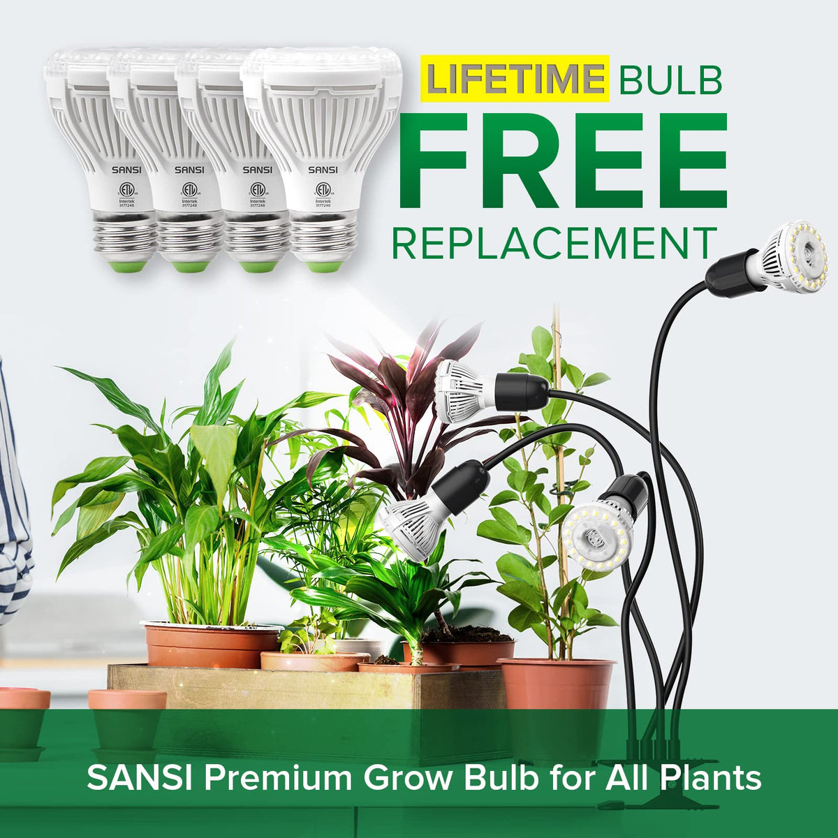 SANSI LED Grow Lights for Indoor Plants, Lifetime Free Bulb Replacement, 600W Full Spectrum 4-Gooseneck Clip Plant Grow Light, Plant Light with Timer 4/8/12 Hrs, High PPFD Growing Power Grow Lamp