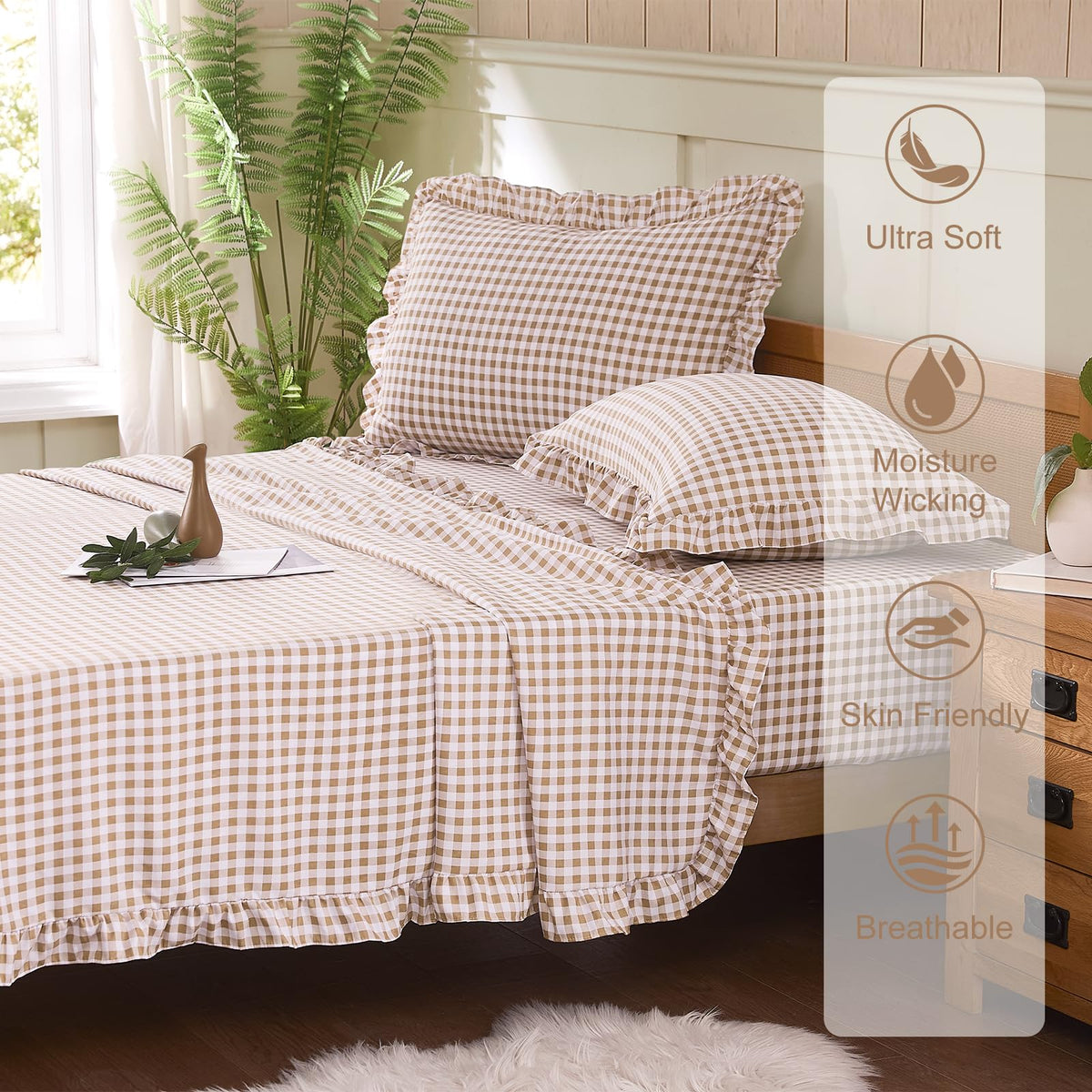 kisswish Gingham Full Sheet Set, Lightweight Super Soft Brushed Microfiber Plaid Bed Sheets with 16" Deep Pocket, 4 Piece Ruffle Farmhouse Bedroom Decor, Taupe