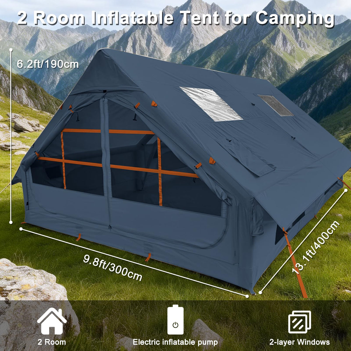 8-10 Person Inflatable Camping Tent with Stove Jack, Two Room Glamping Inflatable Tents,Waterproof Hot Tent Easy Setup Blow Up Tents for Camping