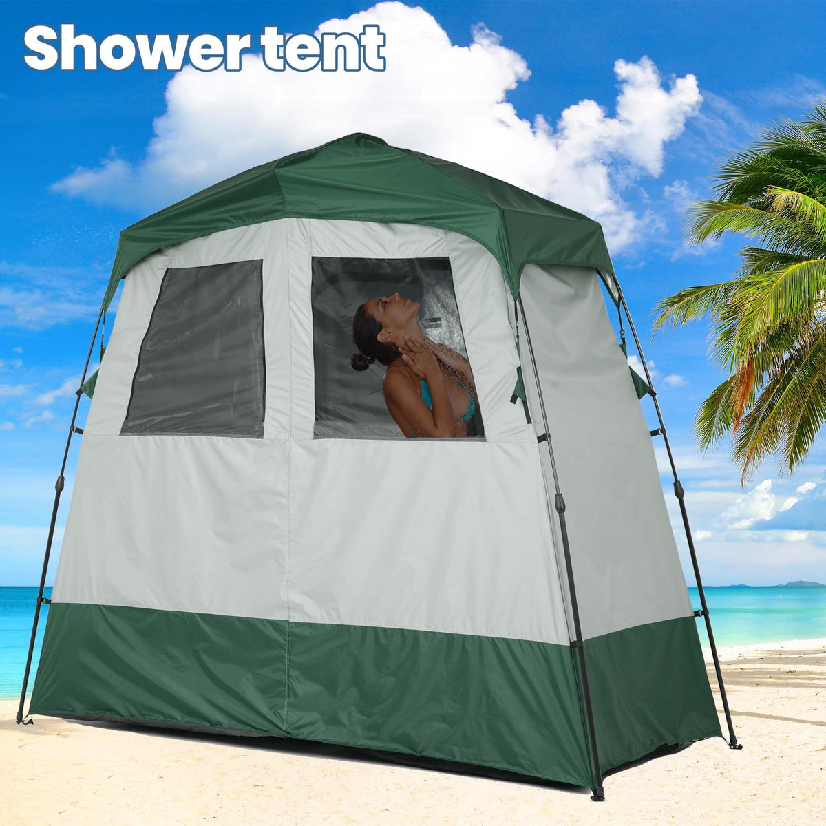 Porayhut Portable Camping Shower Tent Deluxe Changing Room Easy Set Up Privacy Shelter,Large Toilet Tent 2 Rooms with Floor Drain Design for Beach, Camping,Hiking with Stakes and Ropes for Stability