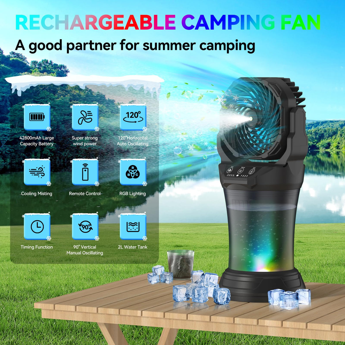 Wilody Misting Fan Portable Camping Fan Battery Powered with Remote Control, RGB Ambient Light with 2L Bucket, Battery Indicator, 120° Auto Oscillating, Timing Function, Grip Handle(Black)