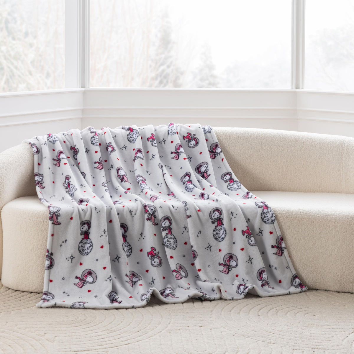 Berkshire Peanuts® VelvetLoft® Cute Character Snoopy Plush Throw Blanket,Over the Moon for You Light Grey,Throw 55 in x 70 in (Official Peanuts® Product)