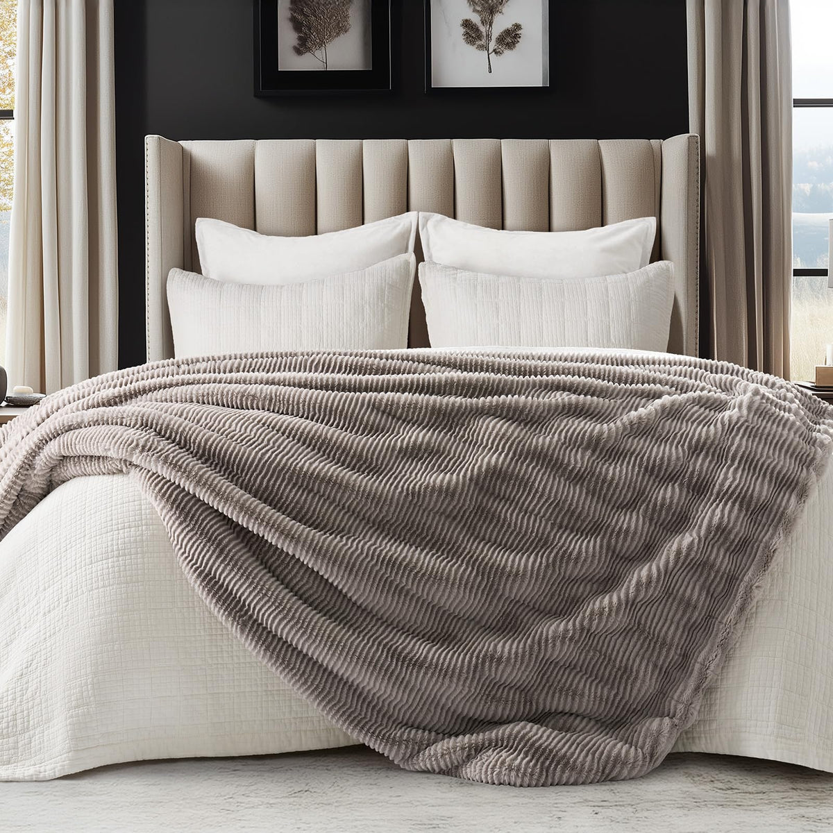 EVERGRACEHOME Ultra Soft Faux Fur Throw Blanket for Couch, Luxury Sculpted Texture Faux Rabbit Fur Blanket for Bed, Fluffy Thick Plush Warm Fuzzy Throw, 920GSM (Taupe, 50''x60'')
