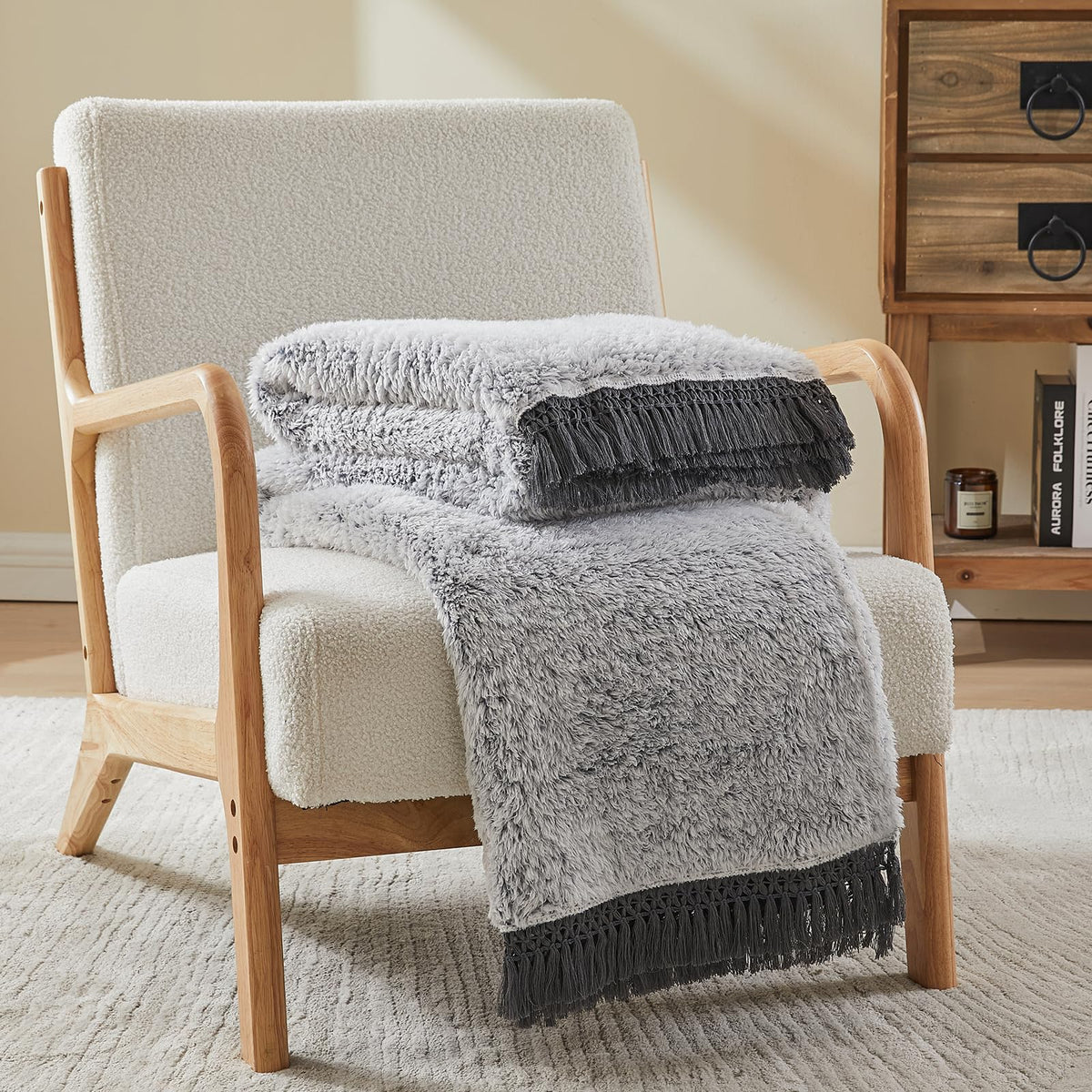 EMME Soft Sherpa Fleece Blanket with Tassel, Reversible Plush Fluffy Large Blanket, Light Weight Warm Decorative Boho Blanket Cover for Sofa, Couch, Bedroom,Travel(Tassel Grey,90"x90")
