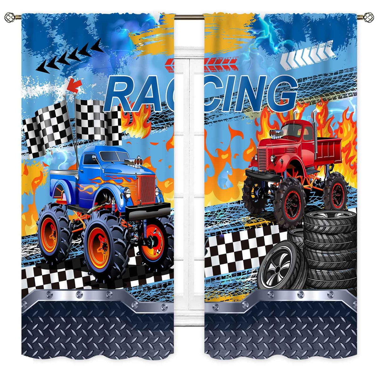 Truck Curtains for Boys Room, Cool Banner Burning Flame Car Cartoon Monster Racing Theme Window Drapery Treatments for Boys Kids Bedroom Living Room Playroom Nursery 2 Panels, 42"x45" Inch