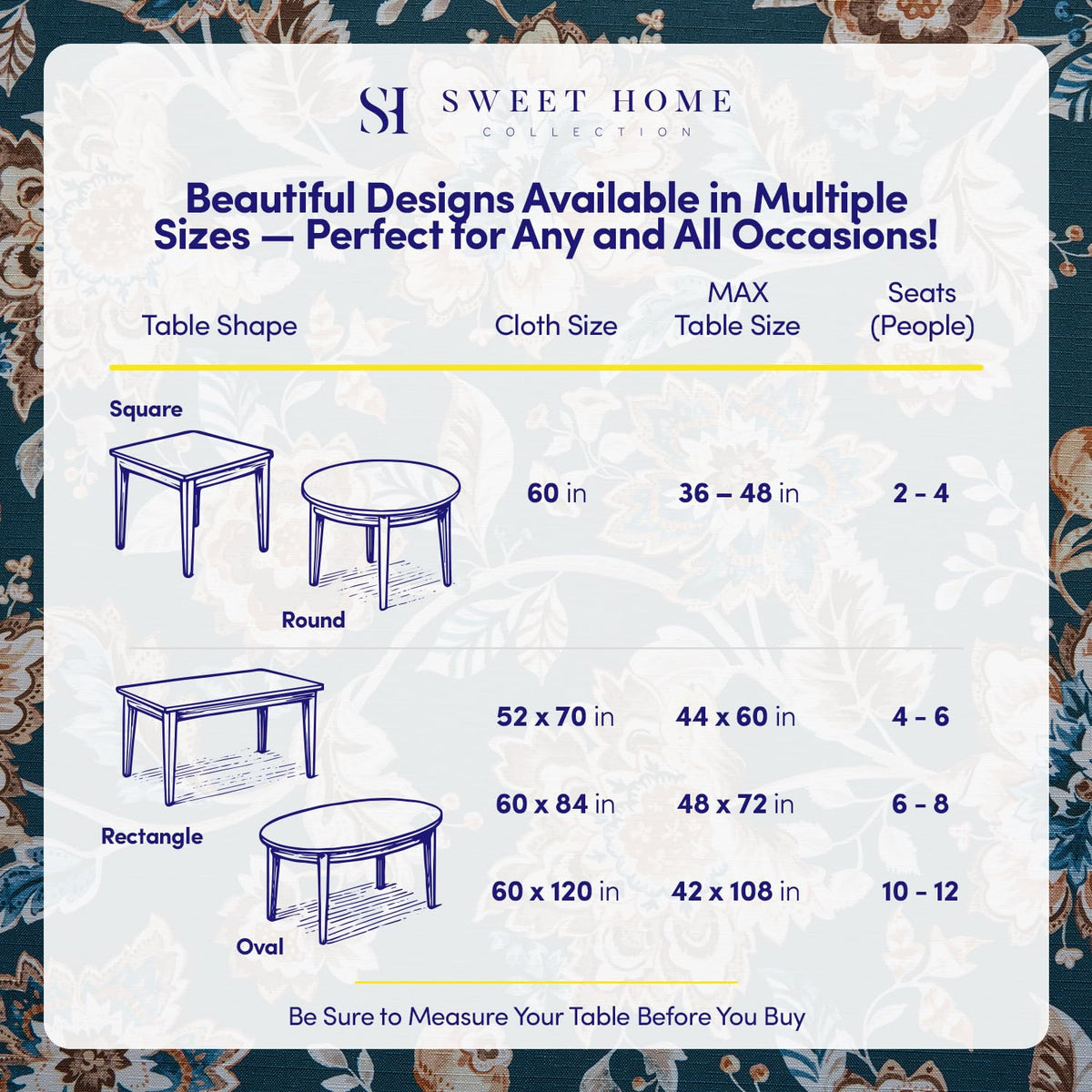 Rectangle Tablecloth 60" x 84" 100% Waterproof Fabric — Wipe-Clean, Tear-Proof Decorative Table Cover for Indoor & Outdoor Dining Elegant Patterns for Kitchens, Dining Rooms, Jacobean