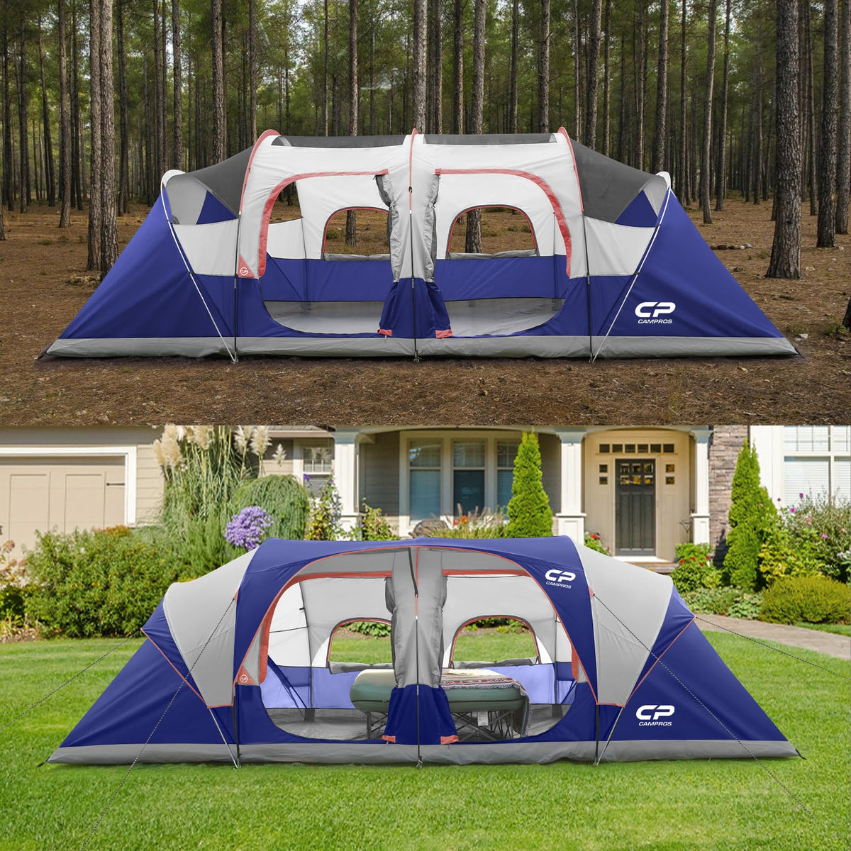 CAMPROS CP Tent 12-Person-Camping-Tents,3 Room Family Tents,Waterproof Windproof Family Tent with Top Rainfly,6 Large Mesh Windows,Double Layer,Easy Set Up, Portable with Carry Bag-20' x 9' x 72"(H)