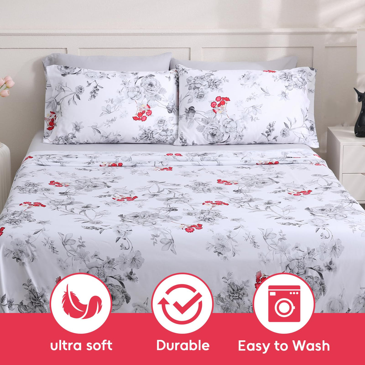 LONAVA Flower King Size 6 Pcs Sheet Set, Breathable Microfiber Deep Pocket White Fitted Sheets, Comfy & Breathable Patterned Flat Sheets,4 Gentle Soft Pillowcases, Gothic Rose