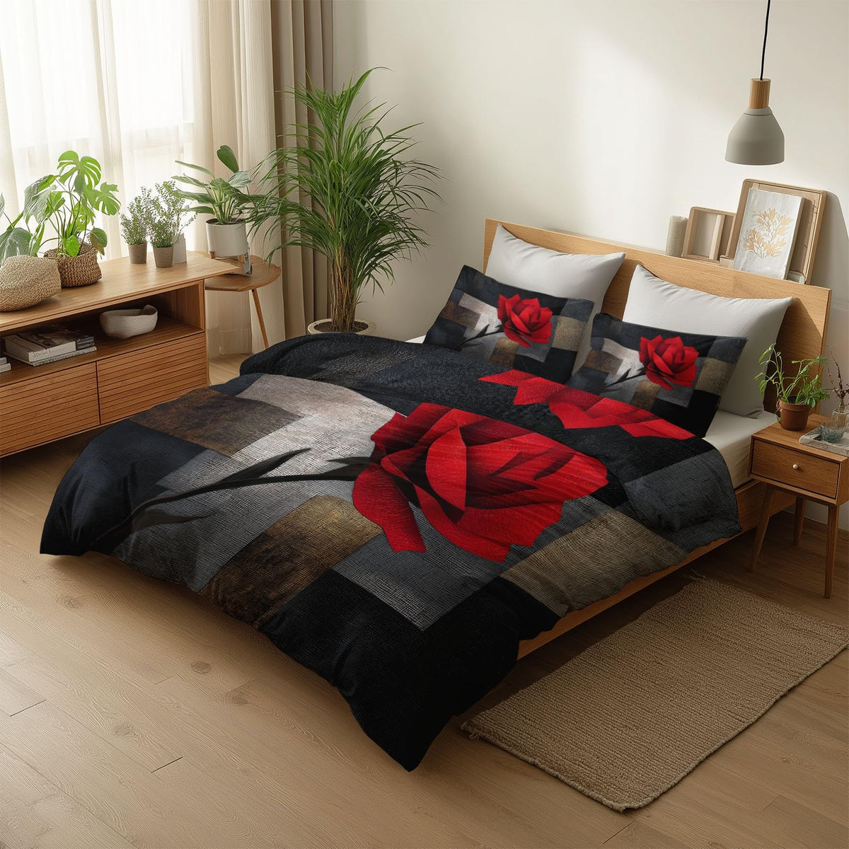 Super Soft Geometric Abstraction Duvet Cover Set Twin Size, Mosaic Leather Red Roses Bedding for Kids Boys Girls Teens - Breathable and Anti-Allergic Soft Comforter Cover 2 Pillow Shams