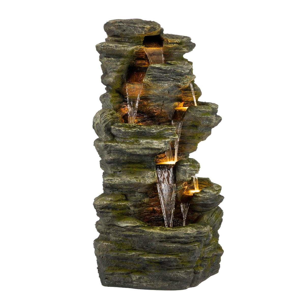 Alpine Corporation WIN1092 Outdoor Multitiered Rock Waterfall Floor Fountain with Warm White LED Lights, 51" Tall, Brown