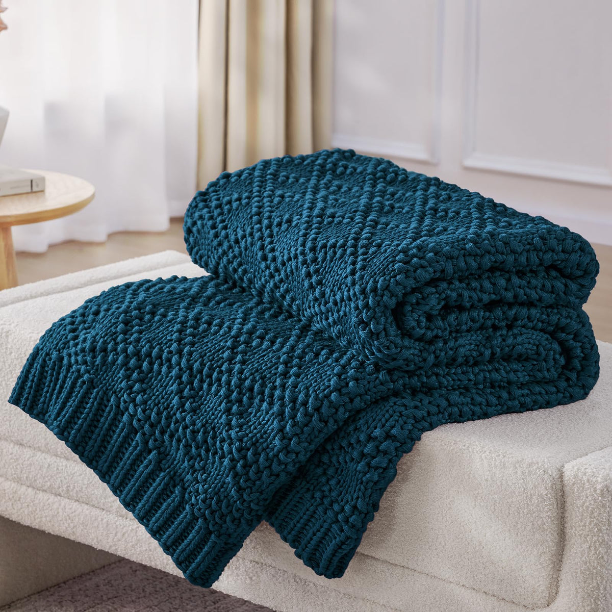 Anysay Knitted Weighted Blanket for Adult, Chunky Knit Weighted Throw for Sleep 48"*72" 10lbs, Cooling Breathable Heavy Blanket for Hot Sleepers, Machine Washable Blanket for Room Decor(Peacock)