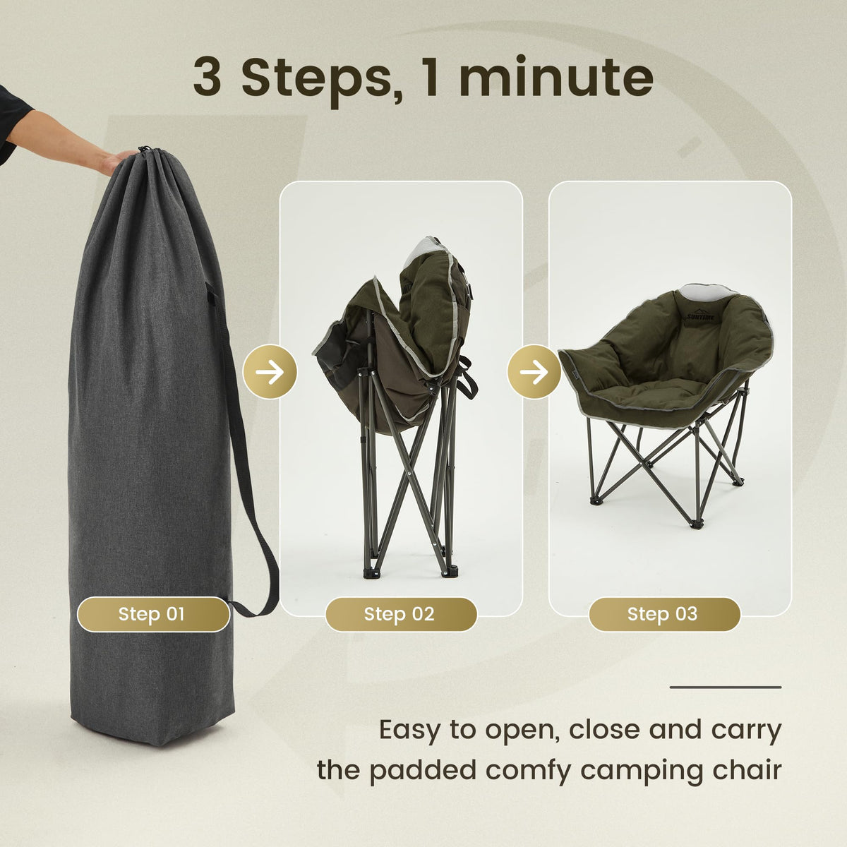 Oversized Padded Comfy Camping Chair for Adults, Portable Padded Lawn Chair, Weight Capacity 400 LBS, Heavy Duty Moon Leisure Folding Chair for Camping, Hiking, Carry Bag, Army Green (2 Pack)