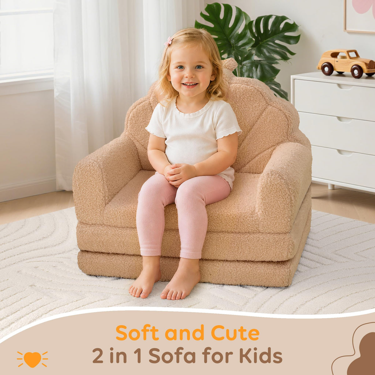 Airpanda Cozy Kids Couch and Chair, Fold Out Foam Sofa, Khaki