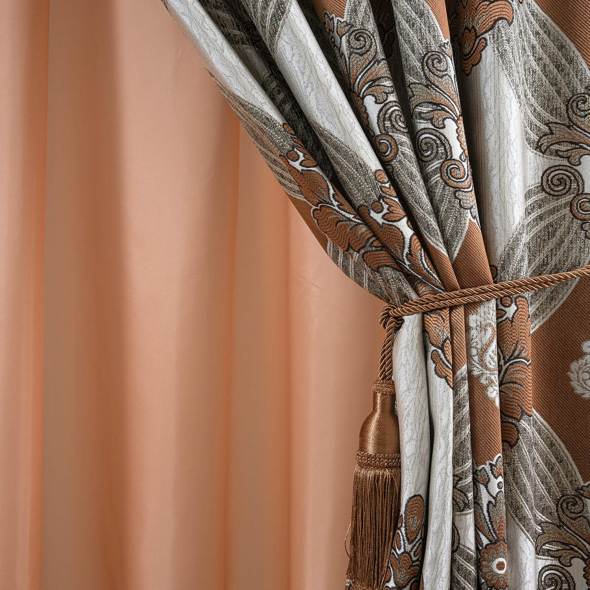 Petrichor Elegant Curtains with Gold Silver Threads 2 Panels Set - Luxury Window Treatment Attached Valance, Sheer Backing, and 2 Tie Backs for Bedroom and Living Room, 54x84 inches, Brown