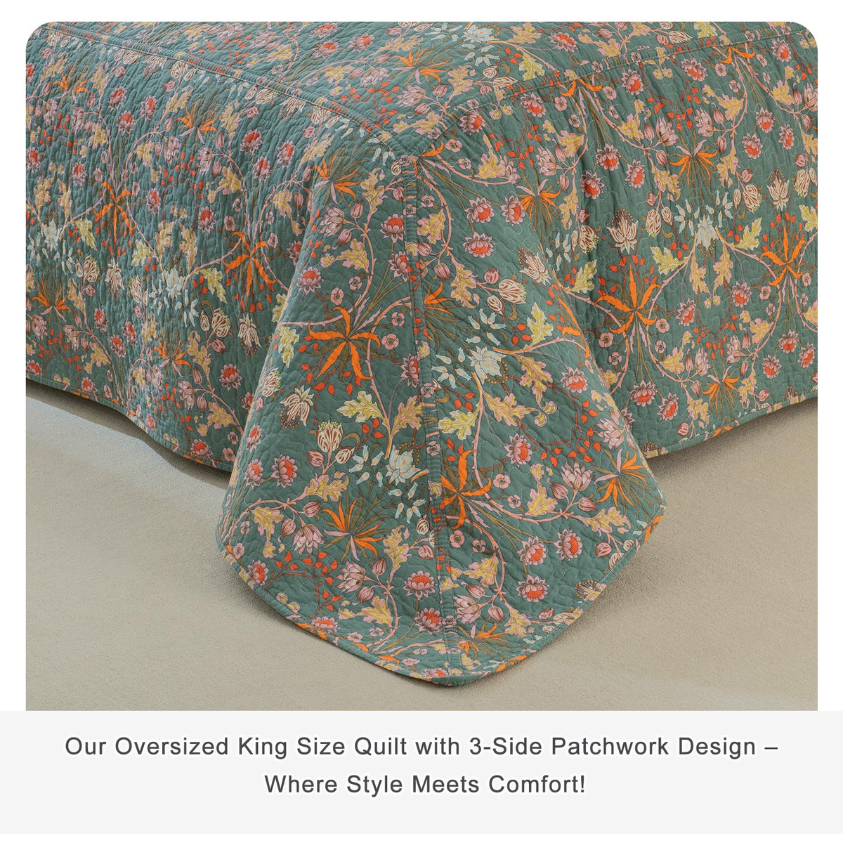QSH 100% Cotton Oversized King Bedspread Set(128"x120")-3Pcs Floral Quilt Coverlet California King Size Luxury Paisley Flower Botanical Printed Bedspread Bedding Set Lightweight Soft for All Season