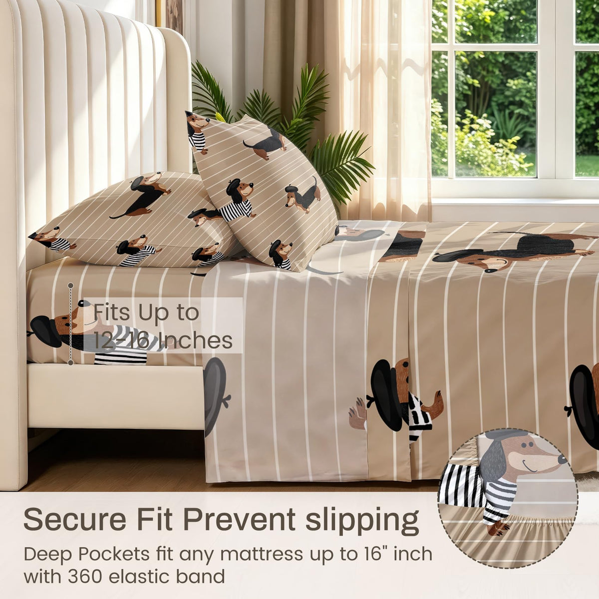 Dachshund Twin Sheet Set Boys Puppy Flat Fitted Sheet Sets, Cream