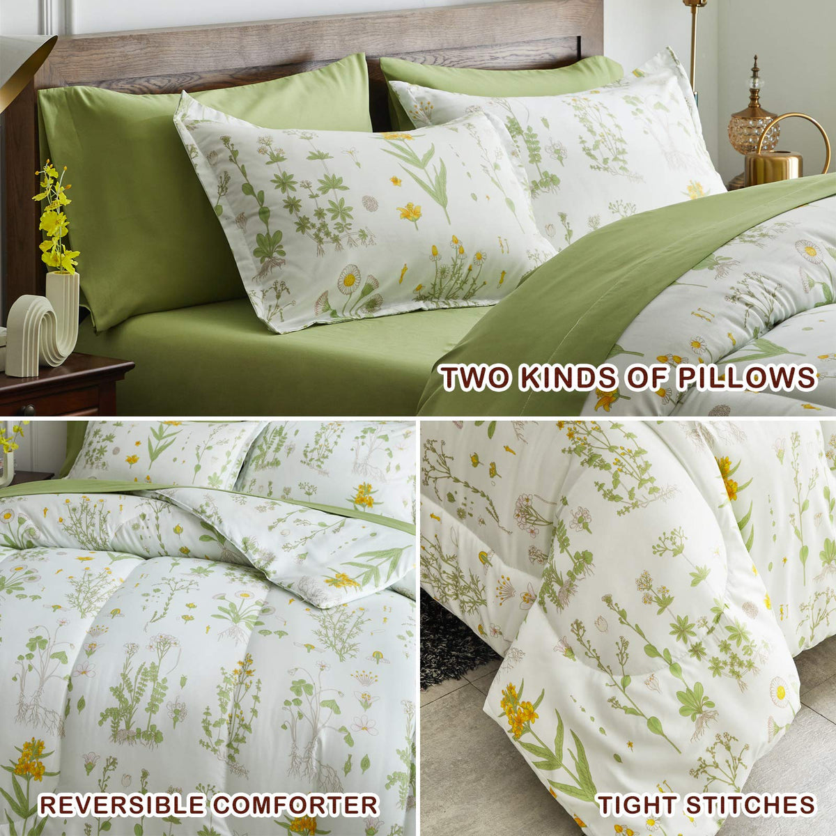 Joyreap 7 Piece Botanical Bed in a Bag Queen, Green Leaves Yellow Flower on Green Tint, Smooth Soft Microfiber Comforter Sheet Set for All Season