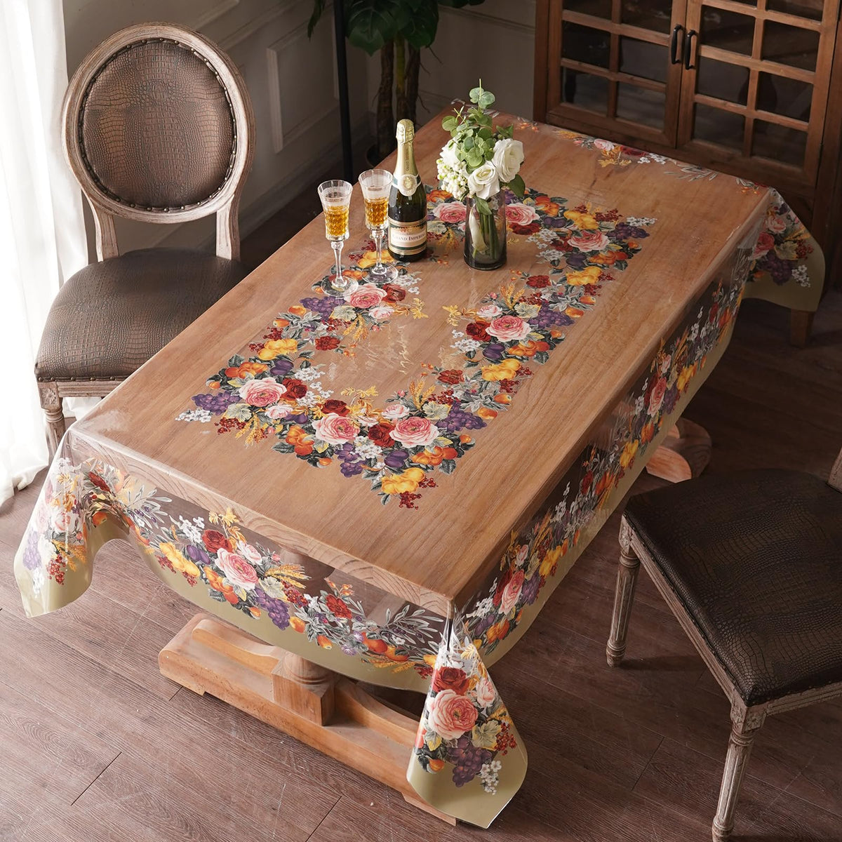 Artbloss Clear Table Cover Protector Vinyl PVC Rectangle Table Cloth with Floral Fruit Pattern Oil Spill Proof Plastic Tablecloths for Dining Tables Parties Holidays (Floral Fruit, 52 x 70 Inches)