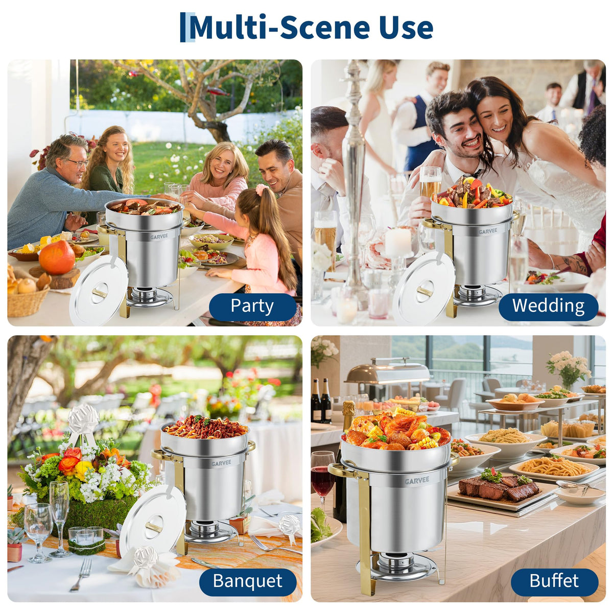 7QT Commercial Soup Warmer, 2 Pack Stainless Steel Round Soup Chafer with Pot, Notched Lids & Fuel Holders, Food Warmer for Buffets Parties Wedding Banquets Catering, Gold