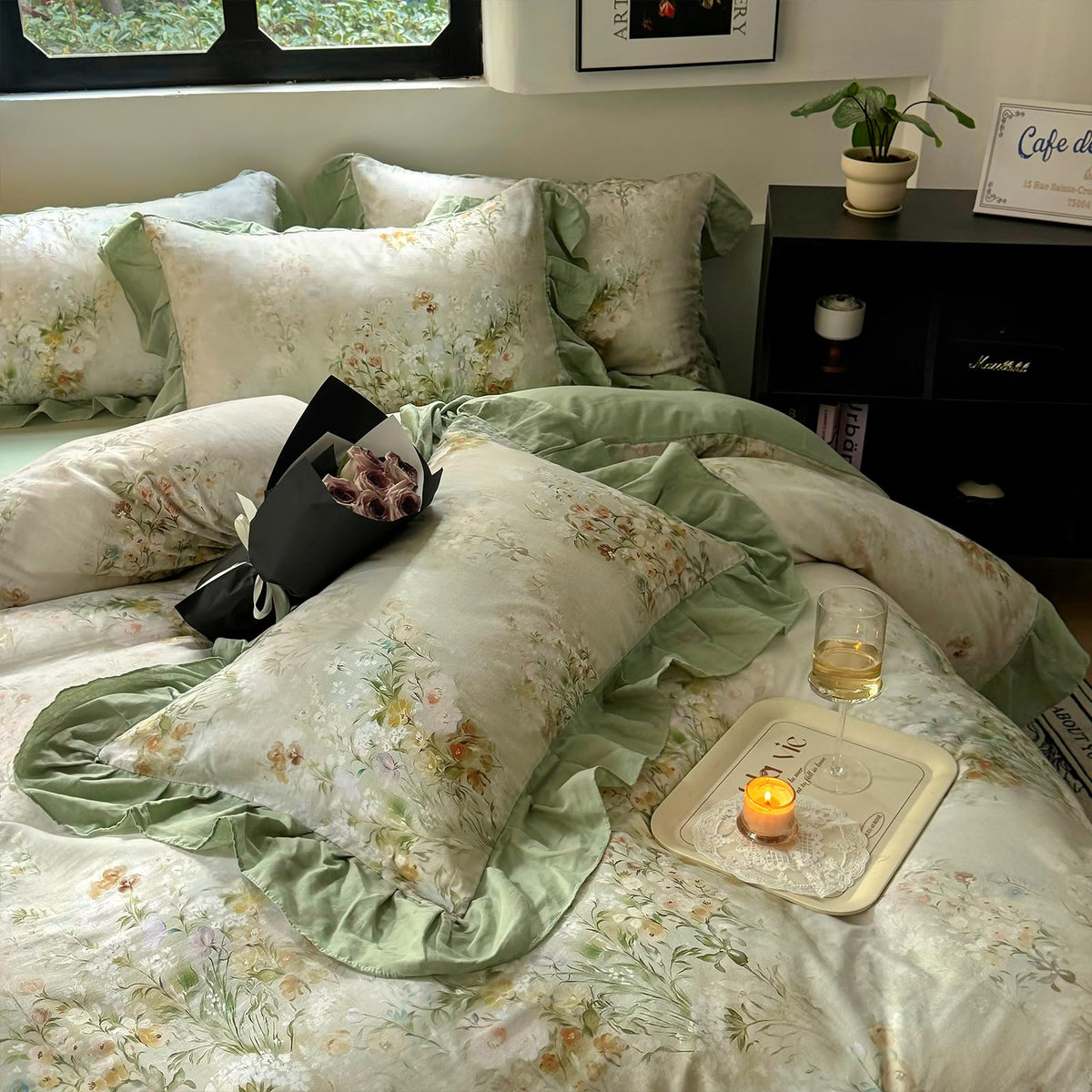 VM VOUGEMARKET Flower Duvet Cover Set, Sage Green Ruffled, Queen 90x90