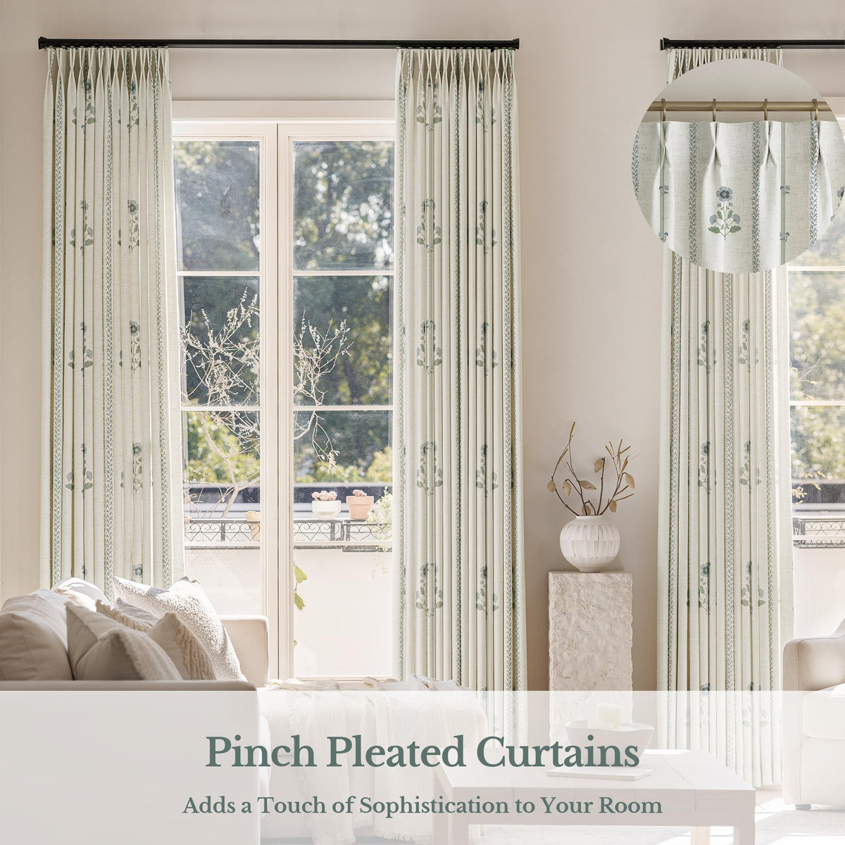 Pinch Pleated Curtains Luxury Light Filtering Floral Curtains for Living Room Bedroom Dining Room - 95 Inches Linen Drapes Farmhouse Window Curtains with Hooks - 2 Panels Set, 40" W x 95" L