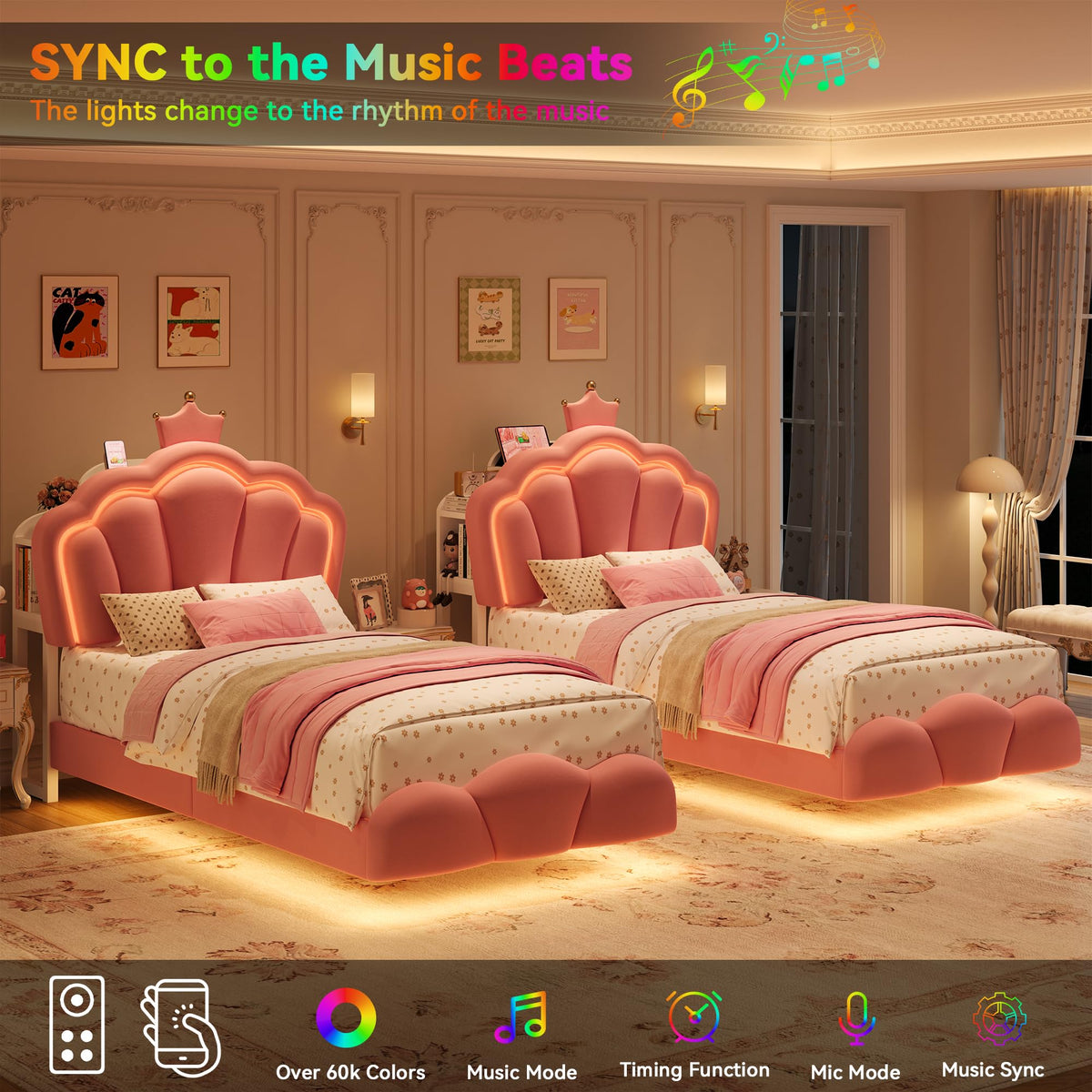 Keyluv Twin Floating Bed Frame with Led Lights & Charging Station, Princess Bed with Storage Bookcase Headboard, Velvet Upholstered Platform Bed with Cloud-Shaped Footboard for Girls, Noise free, Pink