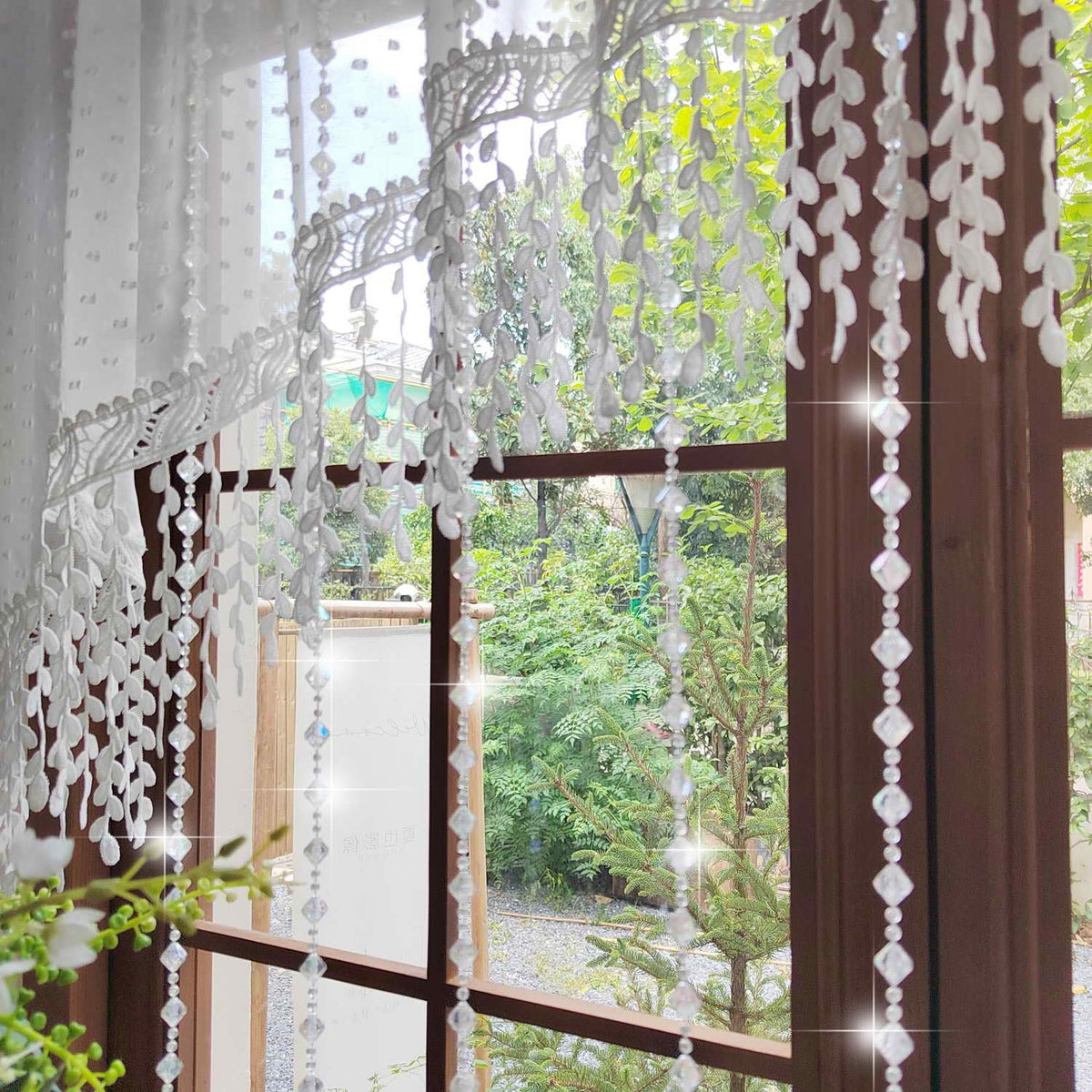 White Arched Sheer Valance Boho Pompom Short Curtain Tier with Crystal Beads for Doorways Tassels Swag Curtain Room Divider Dining Room Glass Door Rod Pocket 1Panel (W59 X L43 INCH,White)