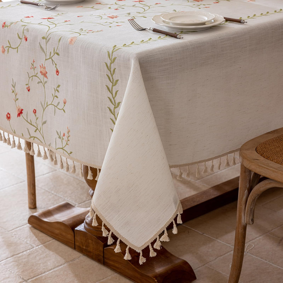 Joyfol Day Linen Spring Flowers Tablecloth with Tassels, Rustic Farmhouse Embroidery Waterproof Table Cloths for Rectangle Tables, Heavy Weight Spill-Proof Table Covers, Pink Florals, 55''x 102''