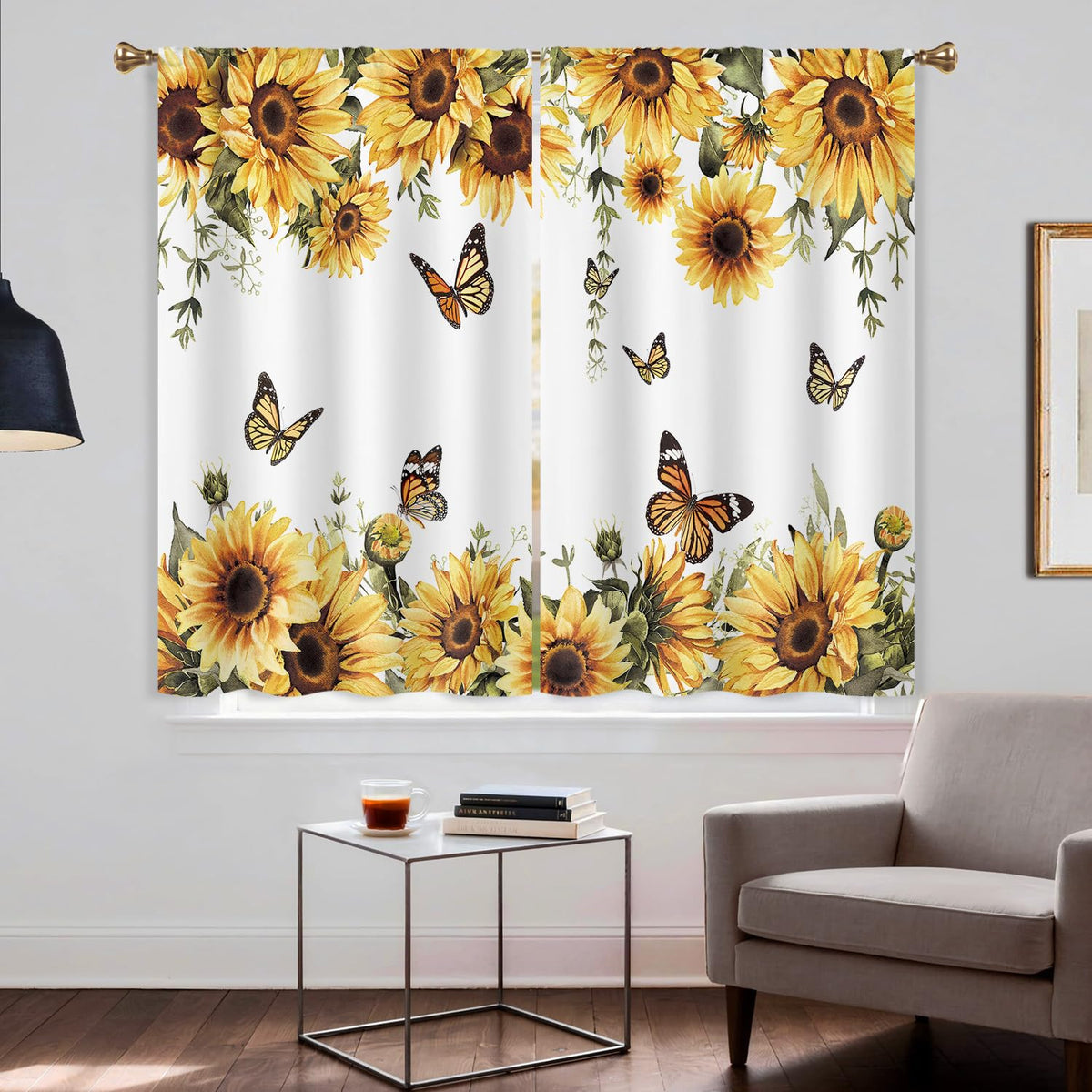 Cizuug Sunflower Yellow Floral Kitchen Curtain Rustic Country Flower Butterfly Farmhouse Over Sink Small Short Cafe Tier Bright Window Drapes Bathroom Home Decor 2 Panels