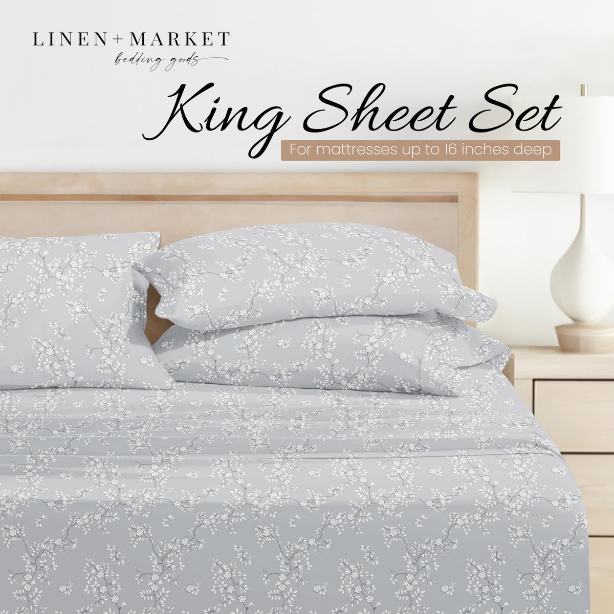 Linen Market Patterned Microfiber King Sheet Set 4 Piece – Oeko-TEX Certified Ultra Soft & Wrinkle-Free - 16" Deep Pocket Sheets - Easy Care King Size - Trellis Vine Light Gray