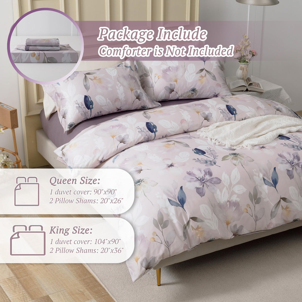 MILDLY 100% Long-Staple Cotton Duvet Cover Set Light Gray Pink Floral Leaf Pattern Printed Comforter Cover 3pcs, Ultra Soft & Breathable Bedding Set