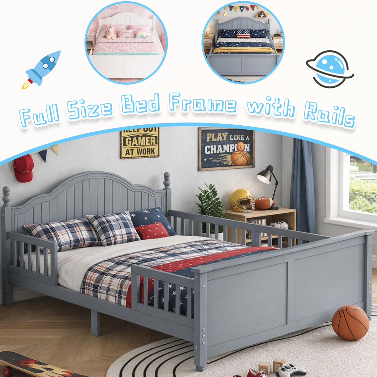 OYUMOENTS Full Size Bed Frame Kids, Low Profile Kids Full Size Bed Frame with Headboard and Footboard, Wood Platform Beds with Rails for Boys & Gilrs, No Spring Box Required, No Squeaks, Gray