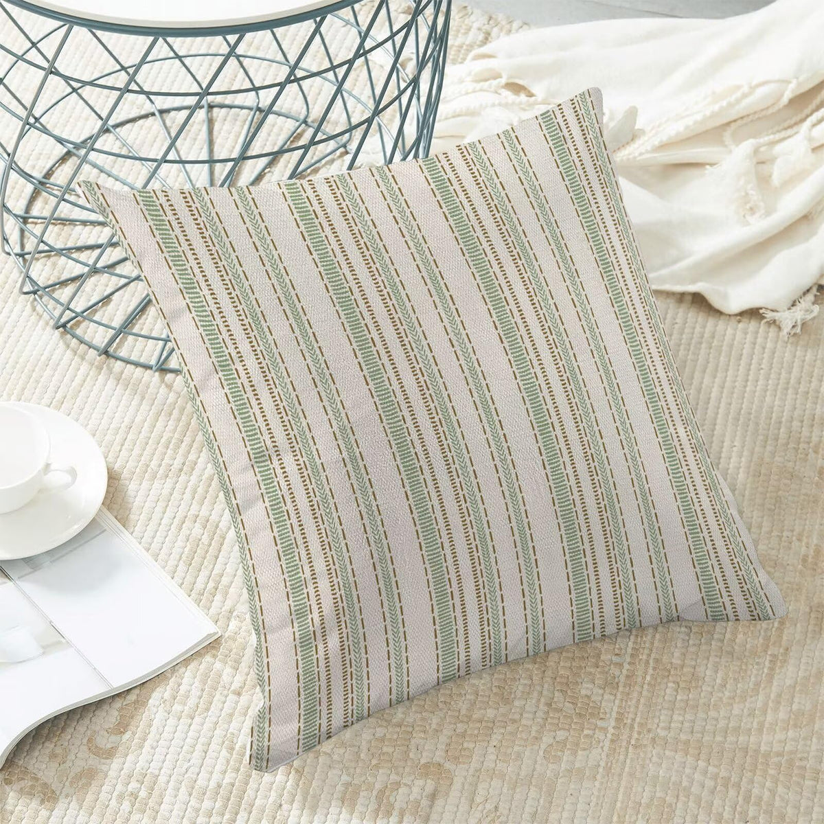 Boho Mid Century Stripe Pillow Covers 18x18 Inch Set of 2, Abstract Brown Green Stripe Decorative Throw Pillowcase Boho line Outdoor farmhouse Cushion Cover for Sofa Couch Bed Living Room Decor