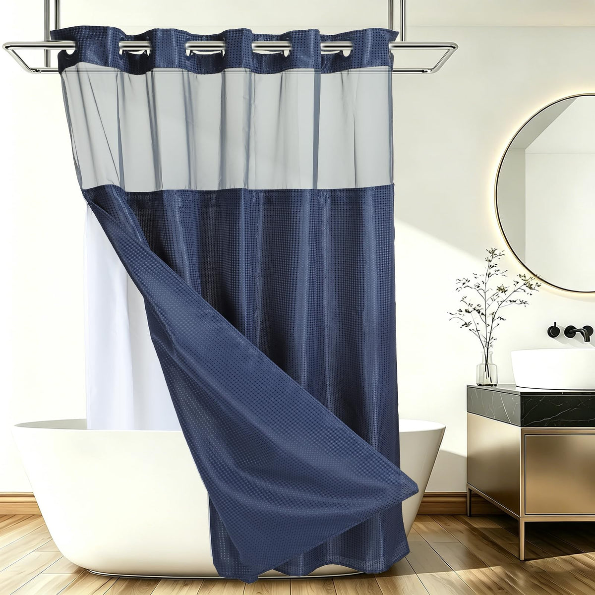 DTGN No Hook Shower Curtain, 71Wx72L Polyester Snap-in Removable Liner Set, Waterproof Washable Waffle Weave Textured Shower Curtains for Home Bathroom Hotel, Navy Blue