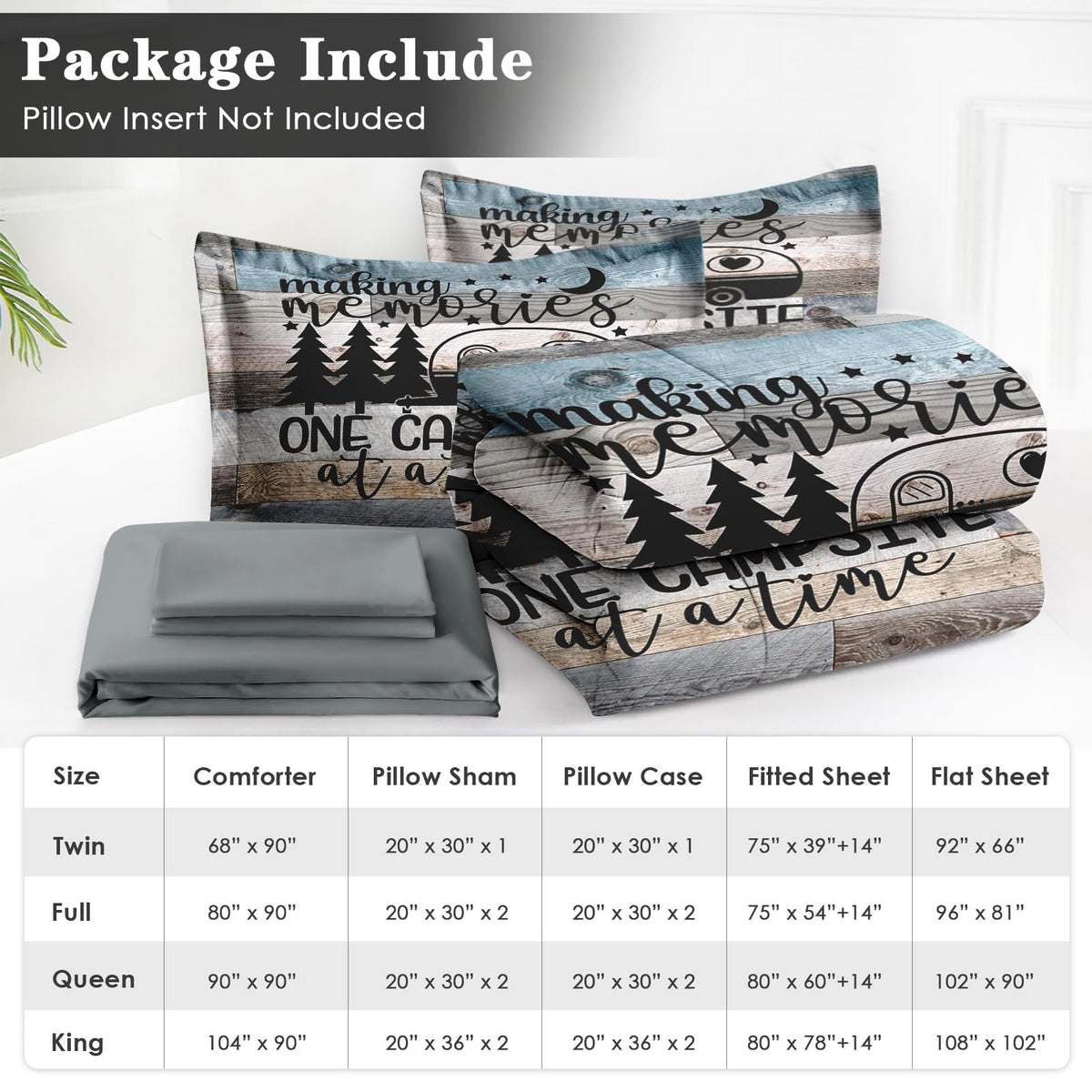WeCozy 7 Pcs Queen Size Comforter Set with 2 Pillowcases & 2 Shams, Retro Wood Camp Camper Bedding Set for Kids and Adults, Inspirational Motivational Bed in a Bag with Flat Sheet and Fitted Sheet