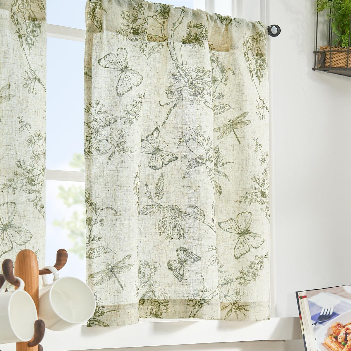 Lazzzy Linen Floral Kitchen Curtains 36 Inch Long, Green Farmhouse Kitchen Window Rustic Country Small Curtains Rod Pocket Tiers, Set of 2, Green on Beige