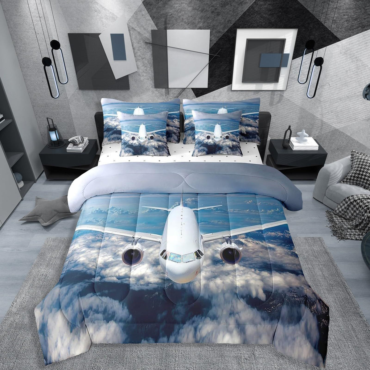 Erosebridal Aviation Aircraft Comforter Set 7 Piece Bed in a Bag Twin,Plane Airliner Bedding Sets Airplane Aeroplane Sheet Set with Comforter