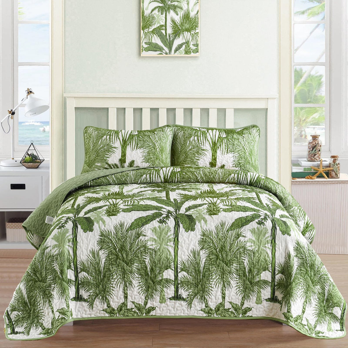 Luxudecor Tropical Plants Quilt Set Queen Size 3 Pieces Green Palm Botanical Bedspread Rainforest Style Bedding Set Soft Lightweight Bed Cover for All Season 96"x90"